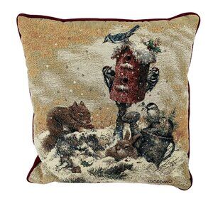 Giordano Winter Decorative Tapestry Pillow Blue Bird House Squirrel Bunny Signed